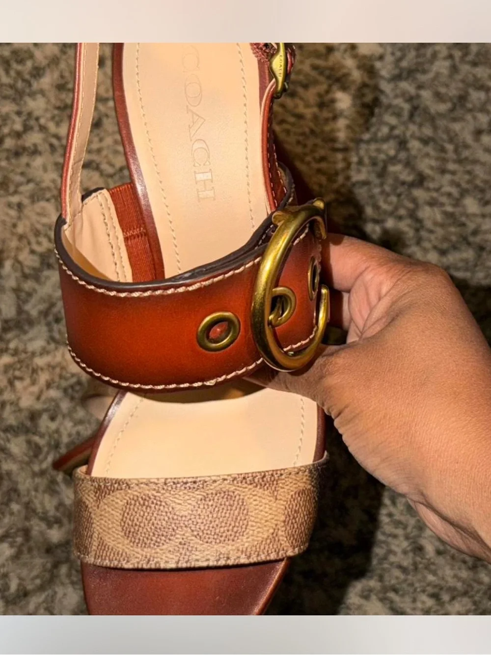 Coach Brown Leather & Signature Canvas Block Heel Sandals